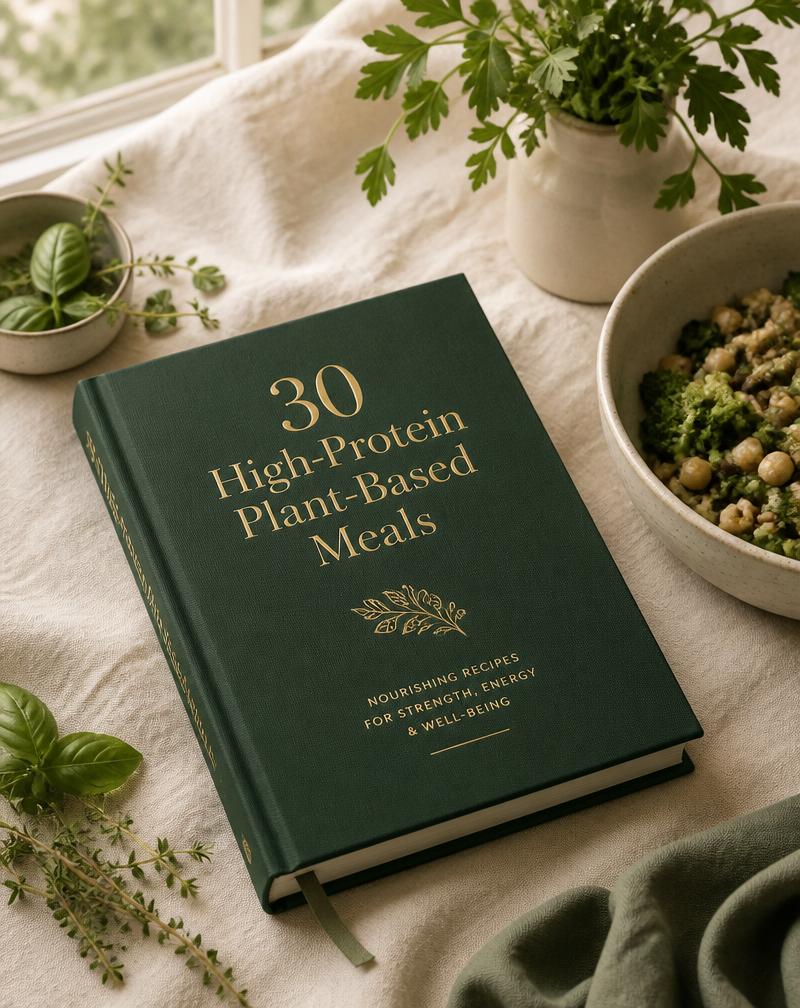 30 High-Protein Plant-Based Meals cookbook, forest green hardcover